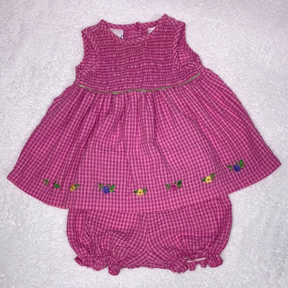 Thomas pink smocked gingham dress and bloomers cotton embroidered 3/6m